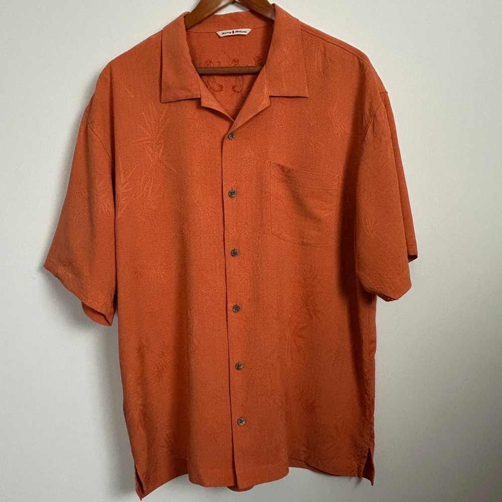 Tommy‎ Bahama Orange 100% Silk Camp Shirt Mens XL Short Sleeve Aloha